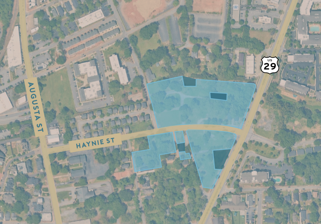 Aerial map with land parcels outlined in blue.